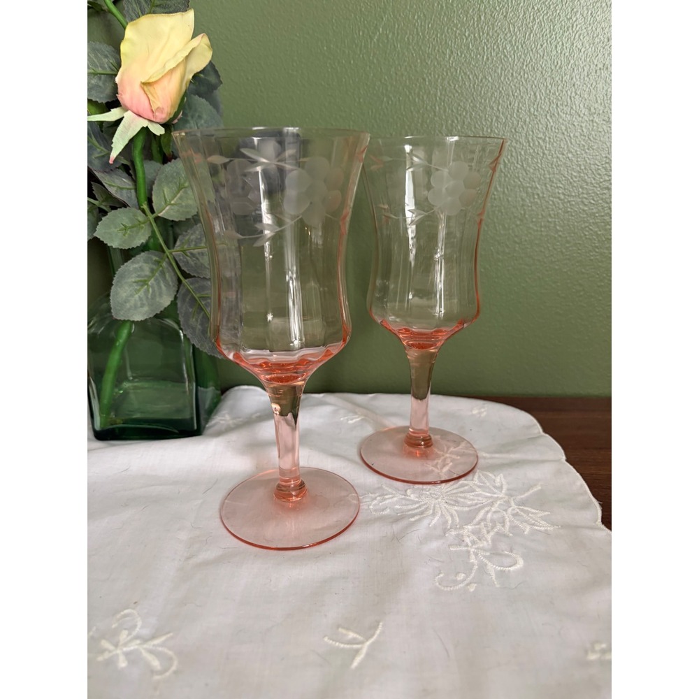 Vintage Pink Etched Water Goblets Set of 2 Floral Optic Glass Stemware
